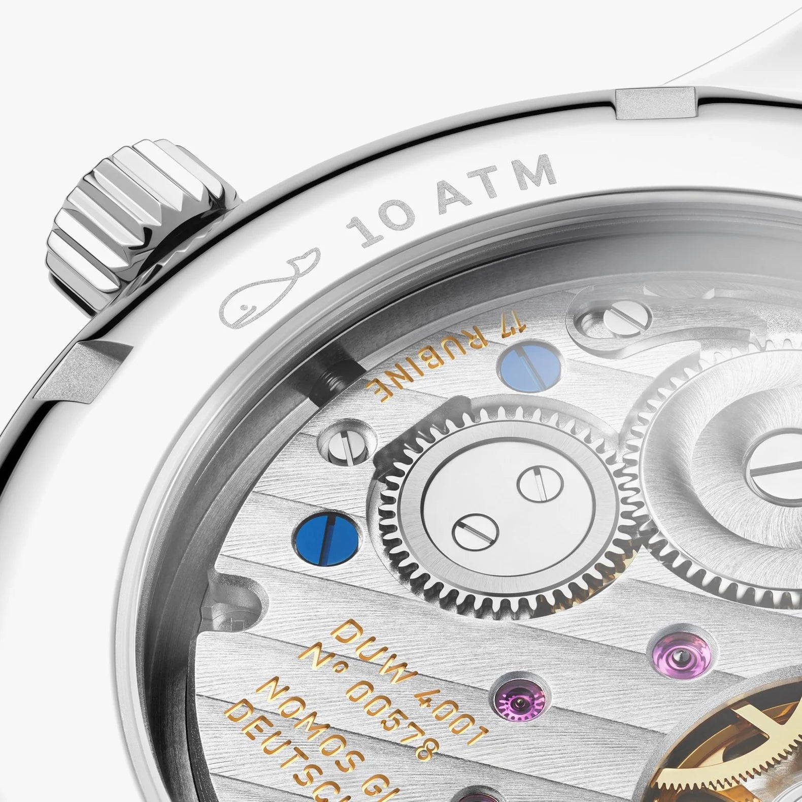 NOMOS Glashütte Club 36mm watch, closeup of movement through exhibition caseback