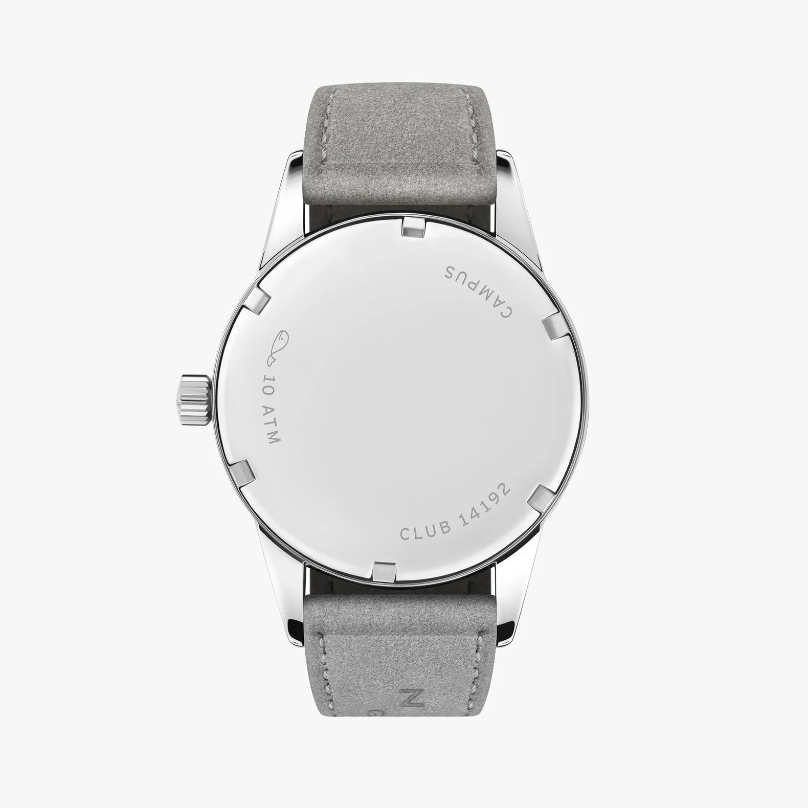NOMOS Glashütte Club Campus 36mm watch with bold red dial, white luminous hands, and vegan velvet gray strap on white background, solid caseback view.