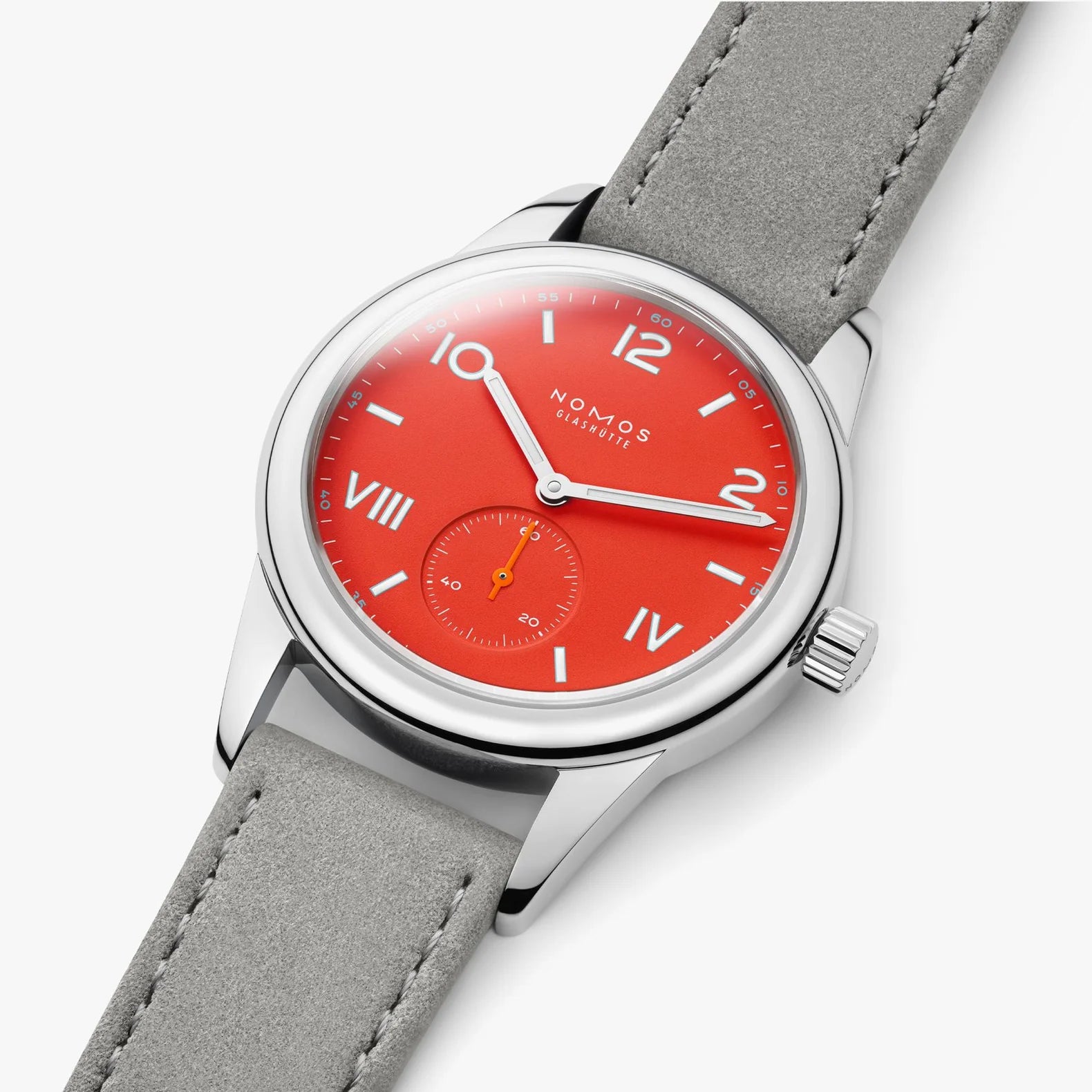 NOMOS Glashütte Club Campus 36mm watch with bold red dial, white luminous hands, and vegan velvet gray strap on gray background, flat lay view.
