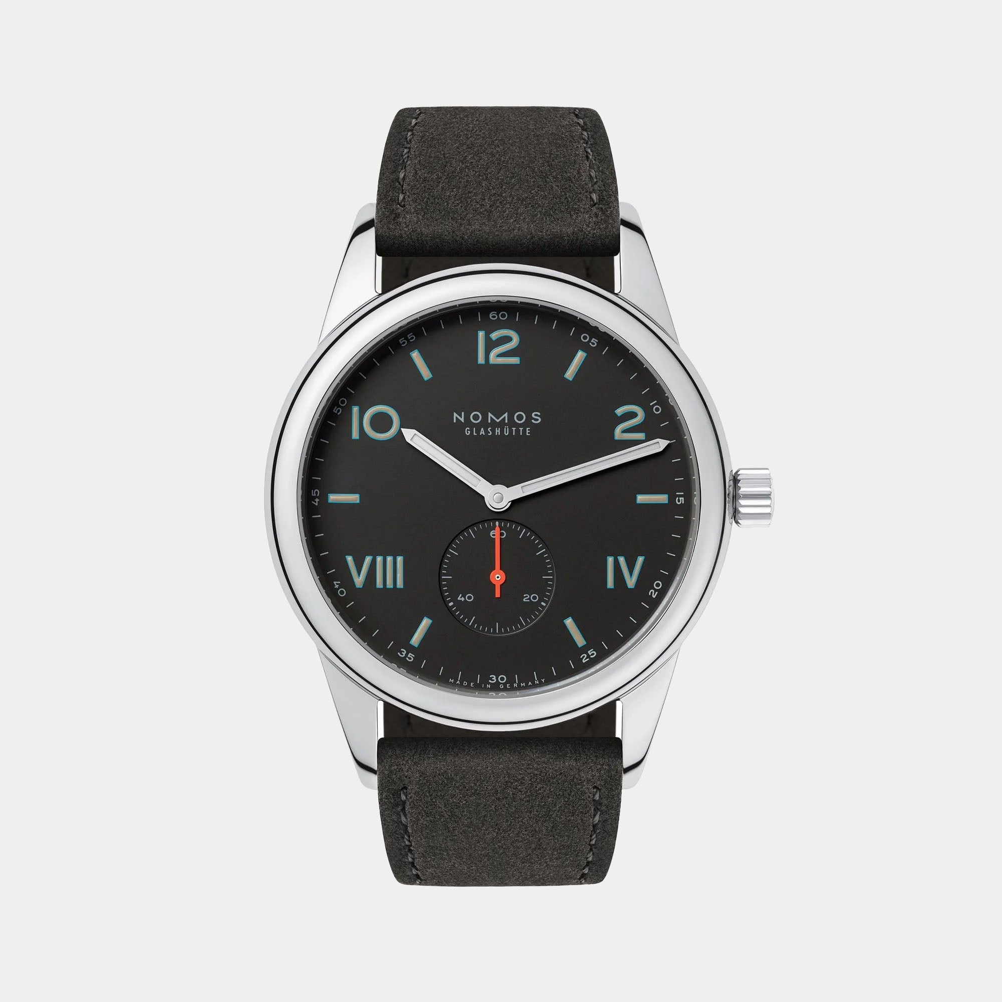 NOMOS Glashütte Club Campus 38.5mm watch with dark ruthenium-plated dial, blue luminescent numerals, and vegan anthracite strap on grey background, front view.
