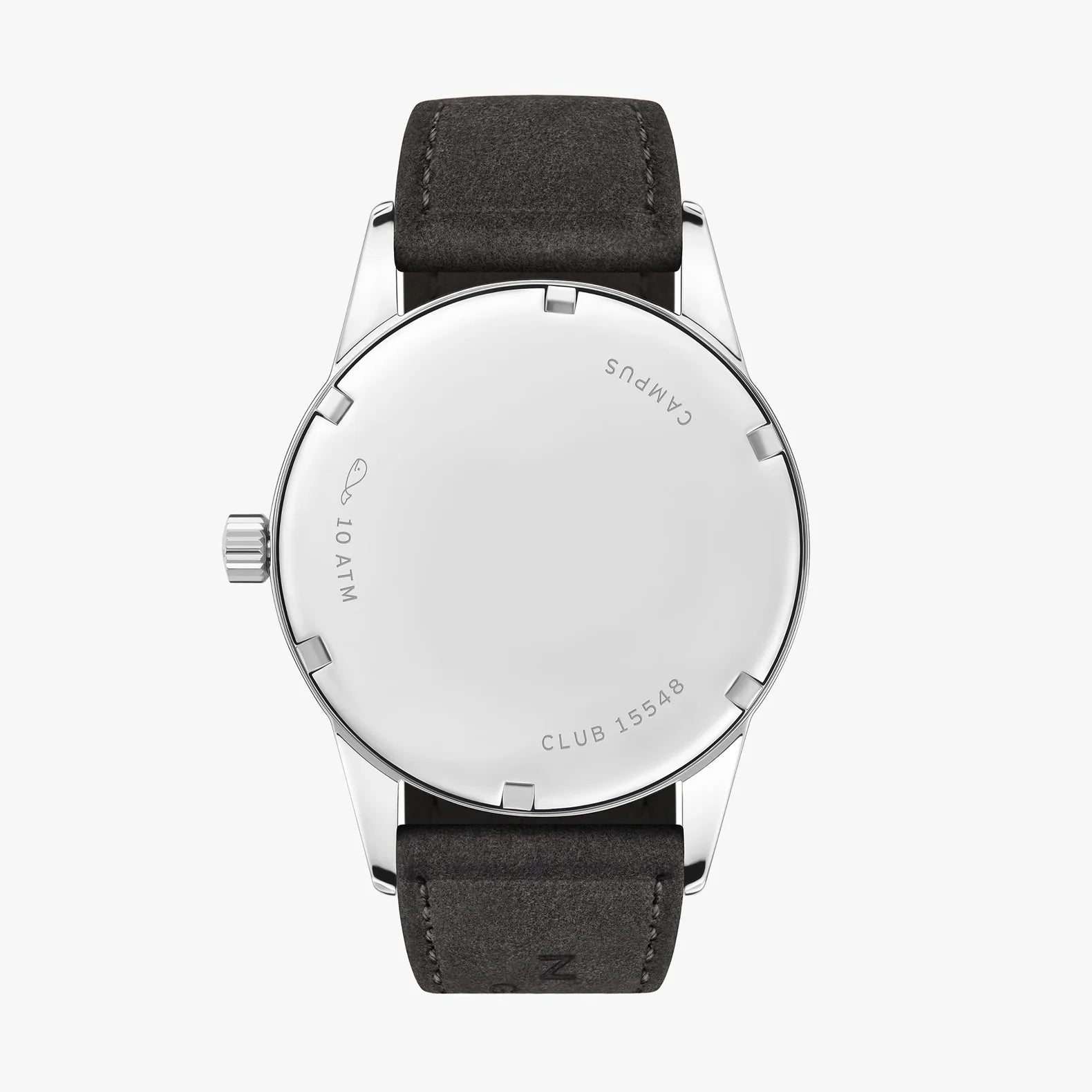 NOMOS Glashütte Club Campus 38.5mm watch with dark ruthenium-plated dial, blue luminescent numerals, and vegan anthracite strap on white background, solid caseback view.