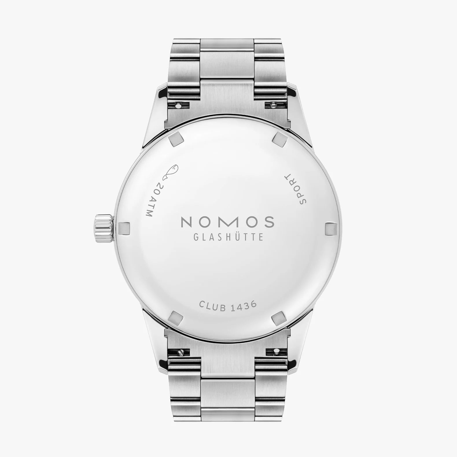 NOMOS Glashütte Club Sport Neomatik 39mm watch with tabac brown sunburst dial, luminous hands, and stainless steel bracelet on white background, solid caseback view