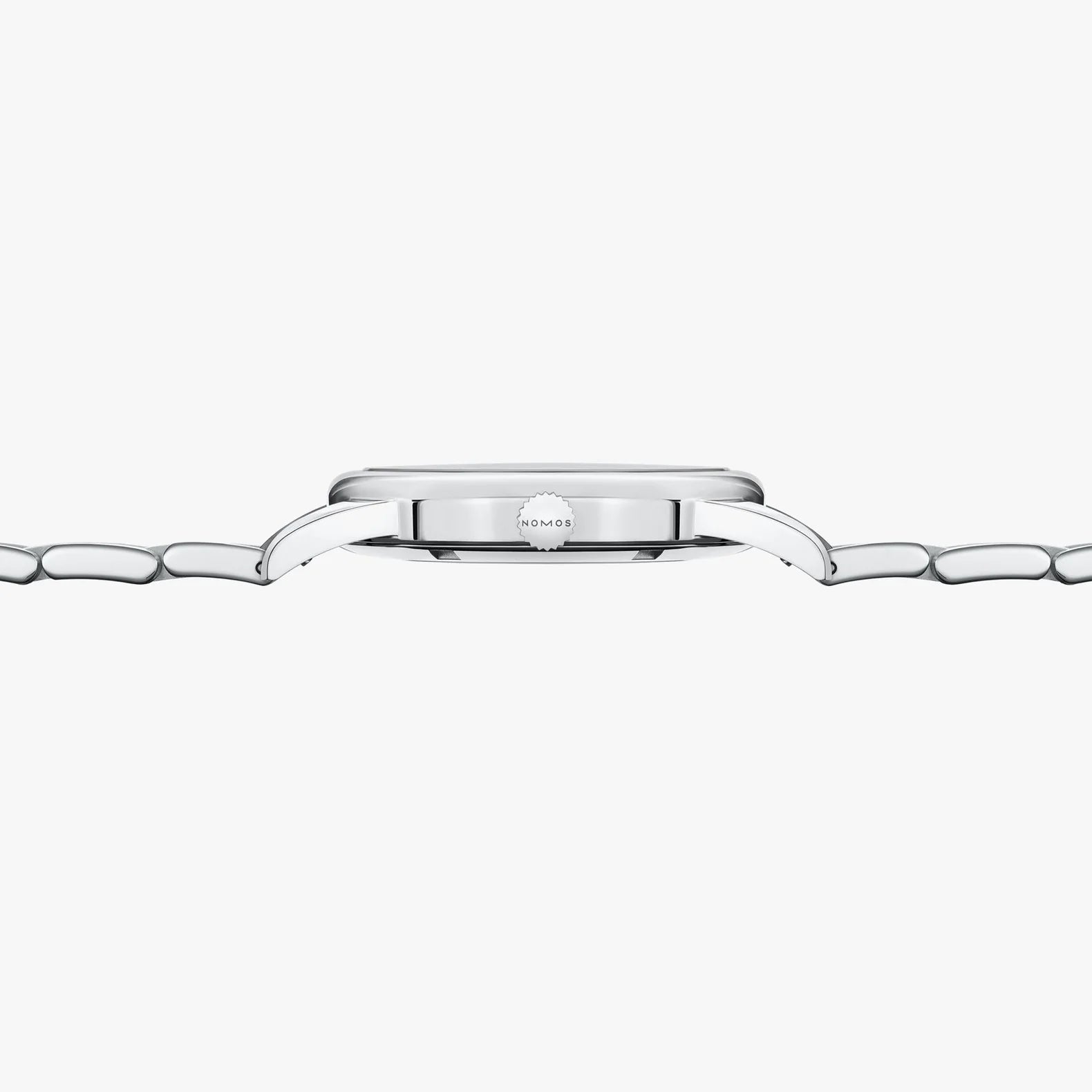 NOMOS Glashütte Club Sport Neomatik 39mm watch with tabac brown sunburst dial, luminous hands, and stainless steel bracelet on white background, side case view