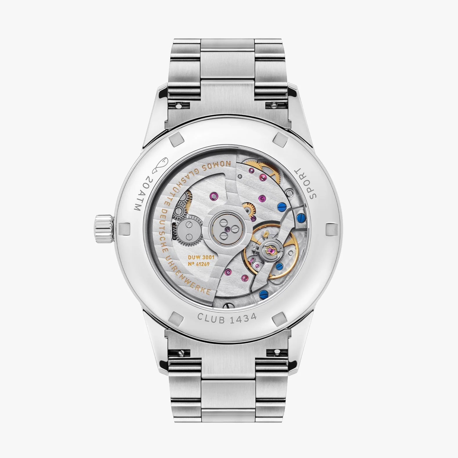 NOMOS Glashütte Club Sport Neomatik 39mm watch with ember beige-gold sunburst dial, luminous hands, and stainless steel bracelet on white background, solid caseback view