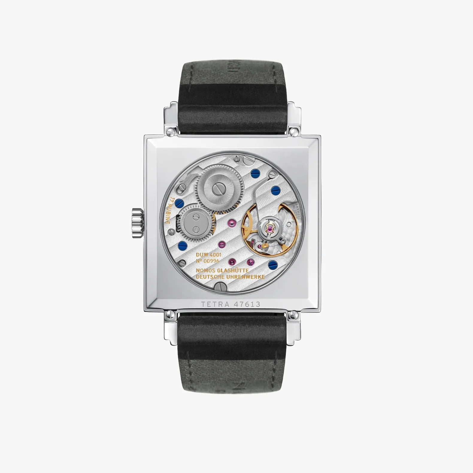 NOMOS Glashütte Tetra 29.5mm square watch with white dial, blue hands, and black Horween leather strap on white background, exhibition caseback view.