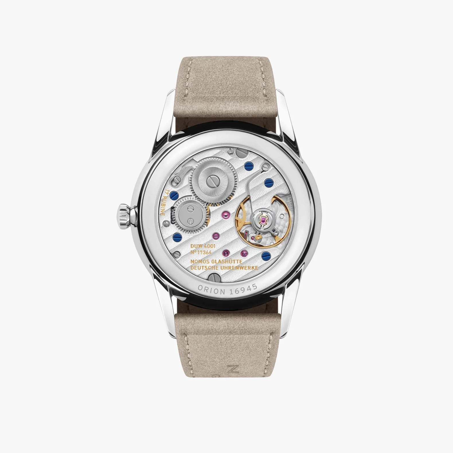 NOMOS Glashütte Orion 33mm watch with blush pink dial, stainless steel case, and light vegan velour strap on grey background, exhibition case back view