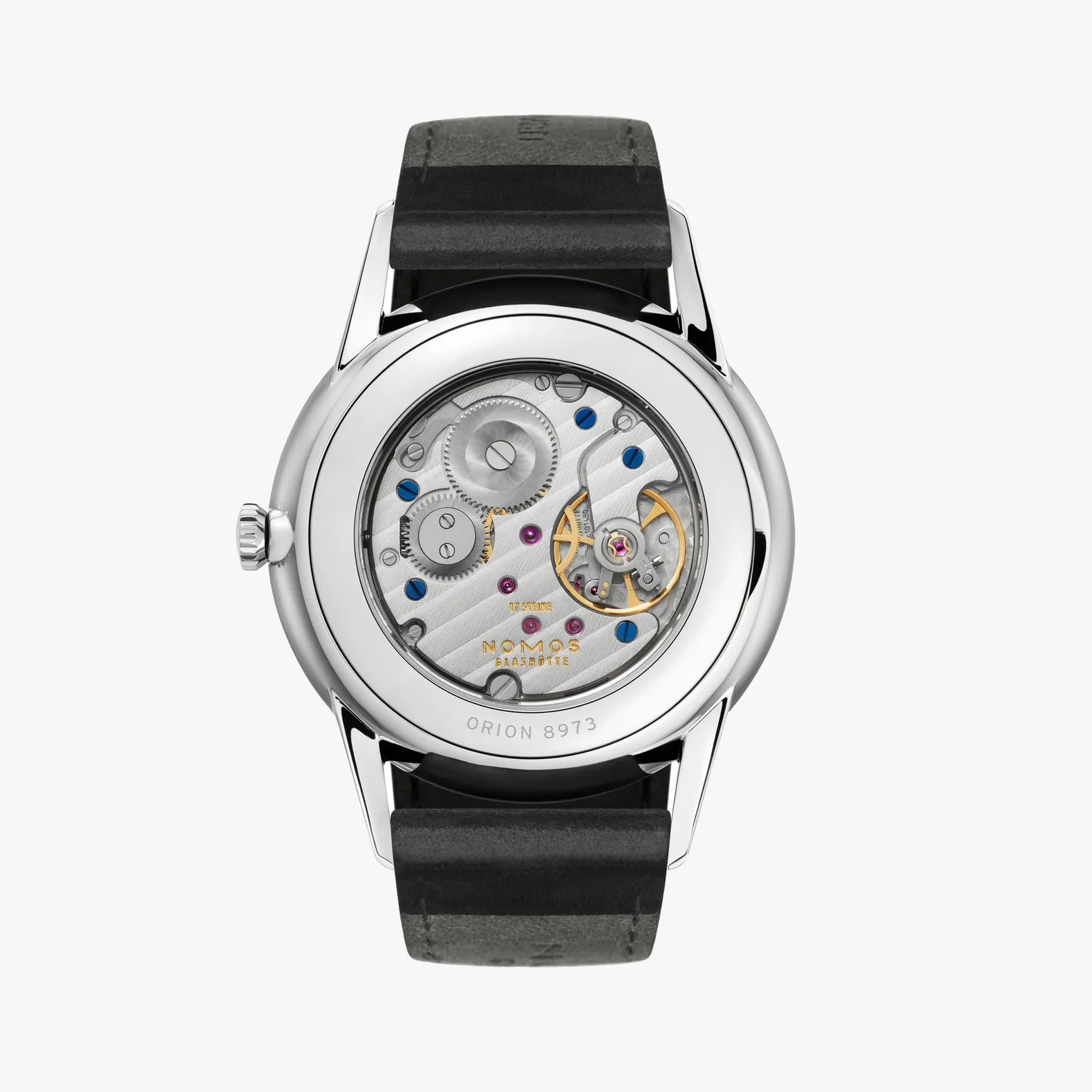 NOMOS Glashütte Orion 38mm watch with white silver-plated dial, tempered blue hands, and black Horween leather strap on white background, view of exhibition caseback
