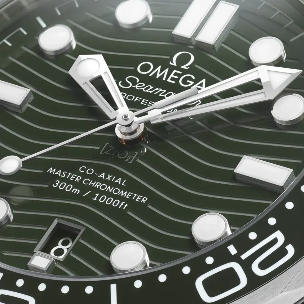 Close-up of an Omega watch face with green background and white text