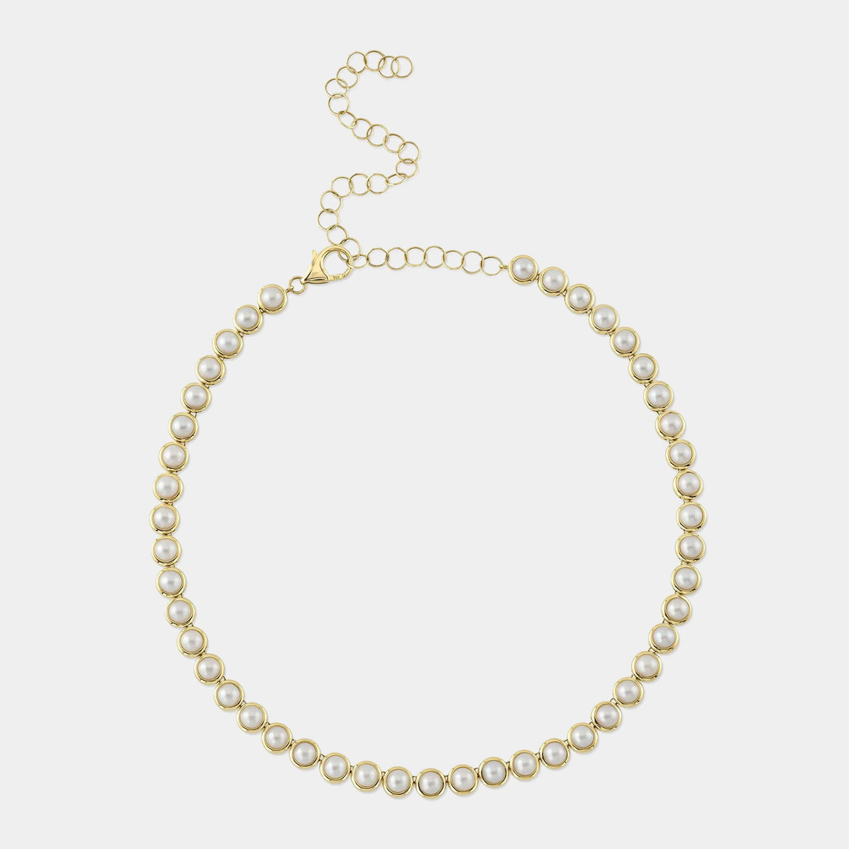 Jackie Yellow Gold Cultured Pearl Bezel Tennis Necklace