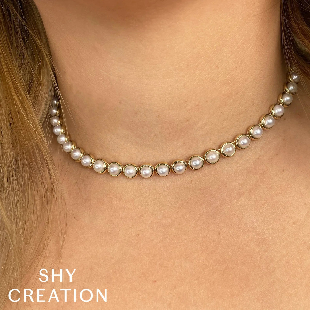 Jackie Yellow Gold Cultured Pearl Bezel Tennis Necklace