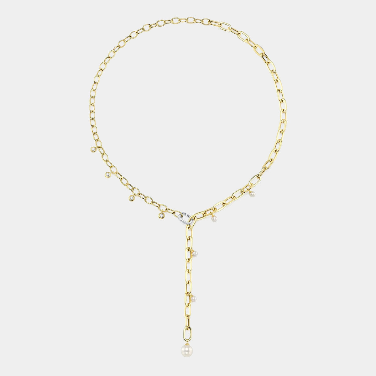 Jackie 0.27ct Diamond & Cultured Pearl Paper Clip Link Necklace in 14K Two-Tone Gold