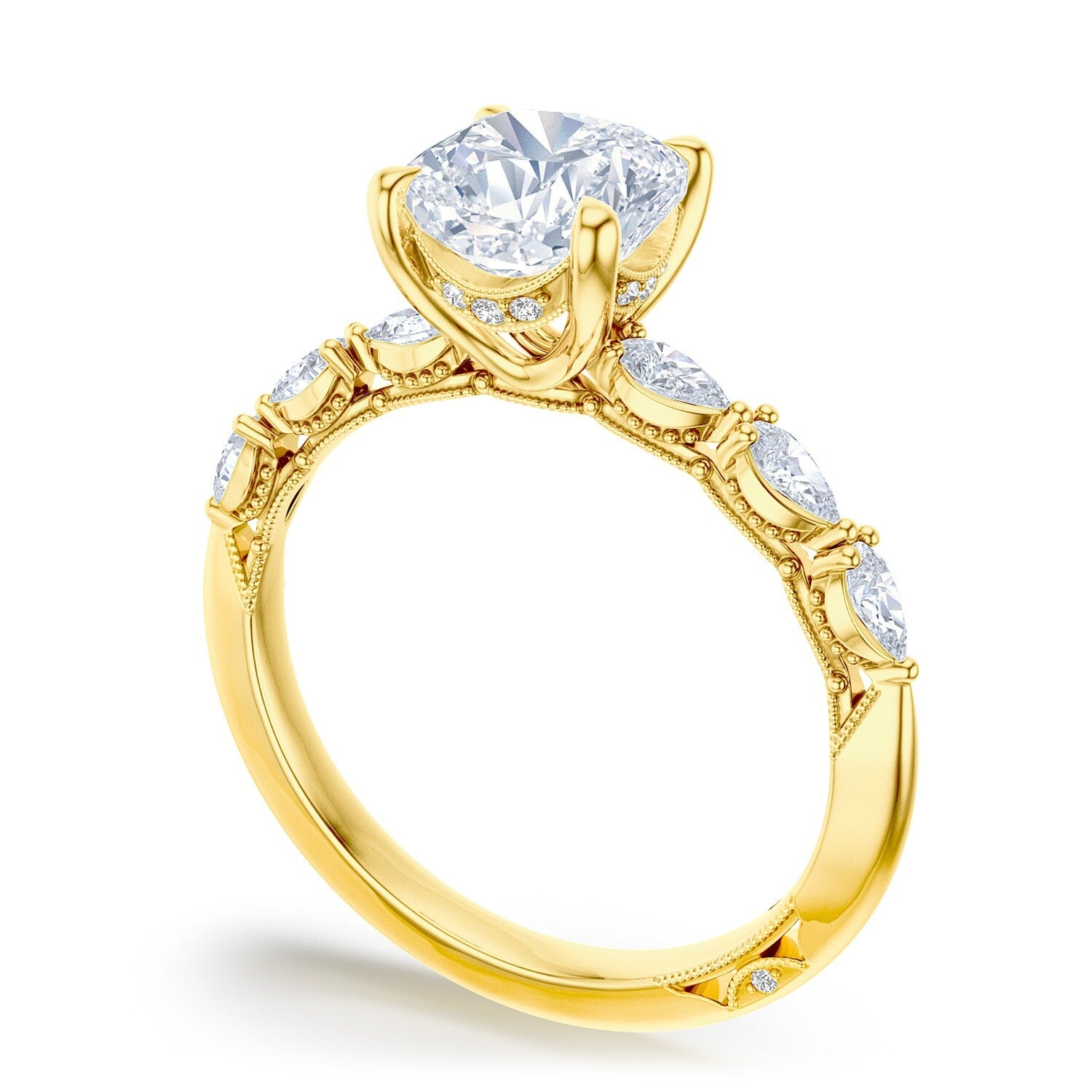 Cushion Side Stone 18K Yellow Gold Engagement Ring - 2687