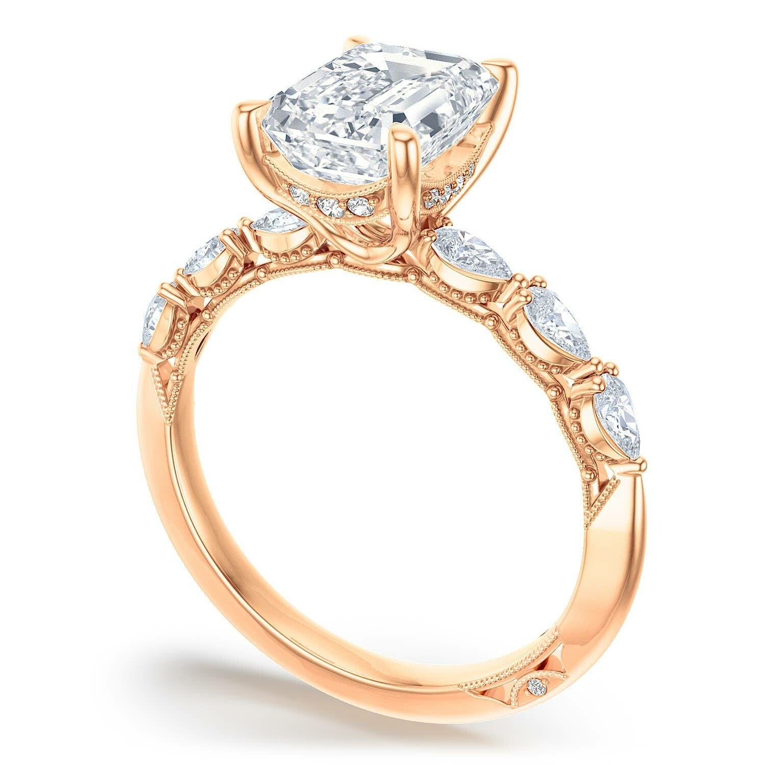 Emerald Side Stone 18K Rose Gold Engagement Ring - 2687