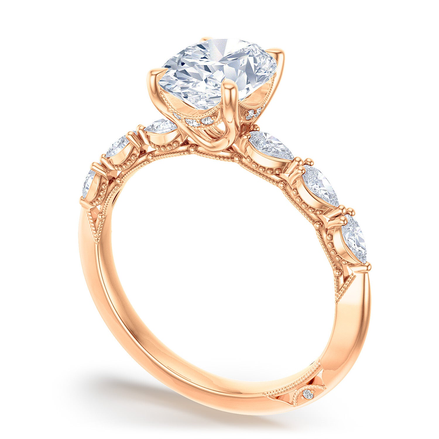 Oval Side Stone 18K Rose Gold Engagement Ring - 2687