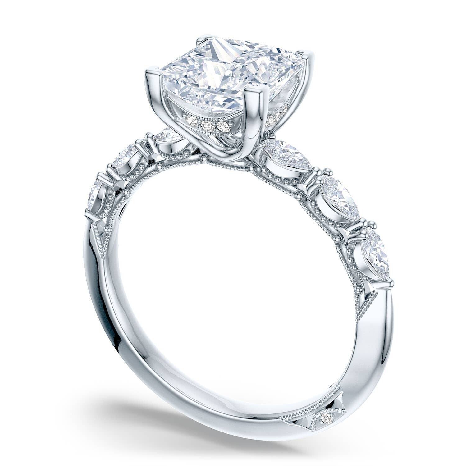 Princess Side Stone 18K White Gold Engagement Ring - 2687