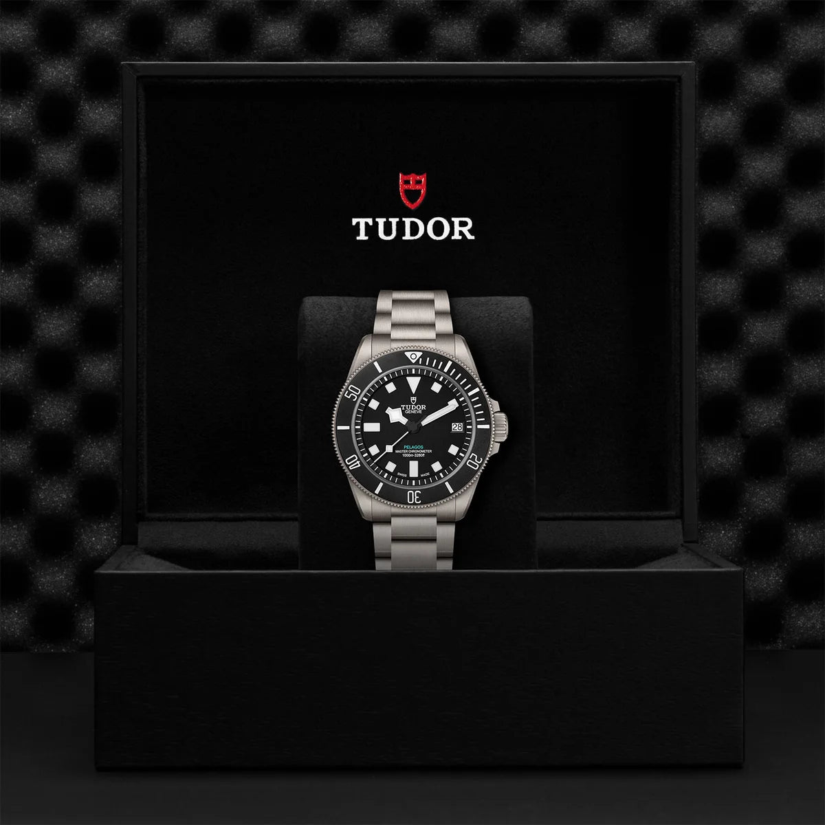 TUDOR pelagos ultra 43mm black dial watch on bracelet, presented inside the official Tudor presentation box.