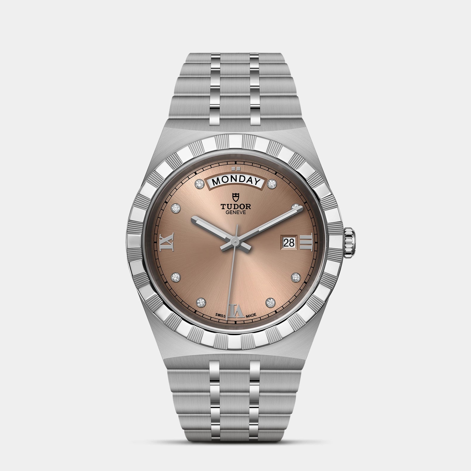 TUDOR tudor royal 41mm salmon diamond dial watch, shown in a clean front-facing hero view against a neutral gray background.