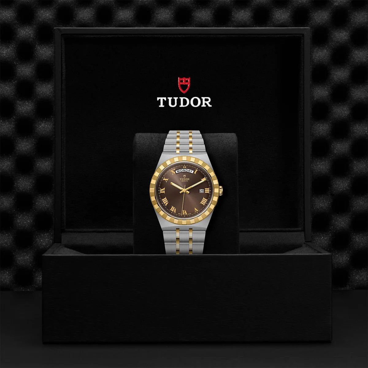 TUDOR tudor royal two-tone 41mm brown dial watch, presented inside the official Tudor presentation box.