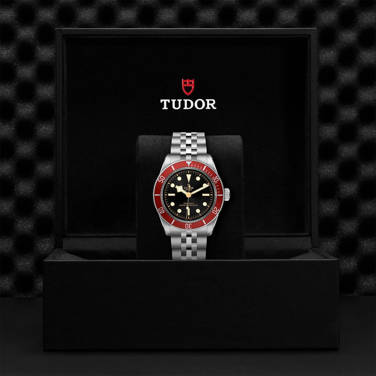 TUDOR black bay 41mm red bezel watch on 5-link bracelet, presented inside the official Tudor presentation box.