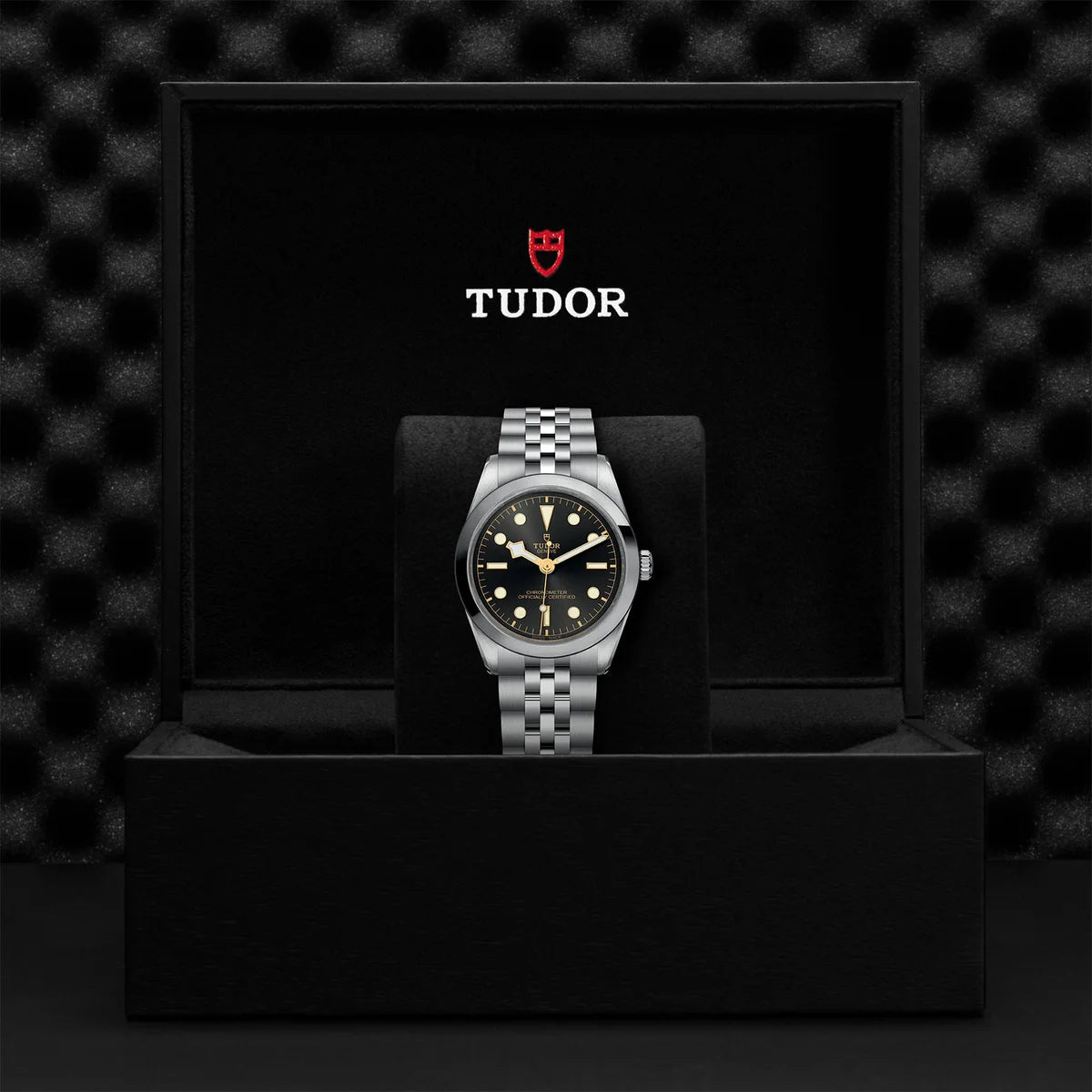 TUDOR black bay one 36mm grey dial watch on 5-link bracelet, presented inside the official Tudor presentation box.