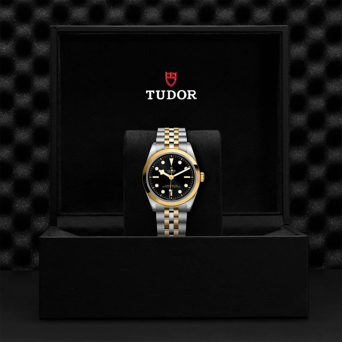 TUDOR black bay one s&g 36mm black dial watch on 5-link bracelet, presented inside the official Tudor presentation box.
