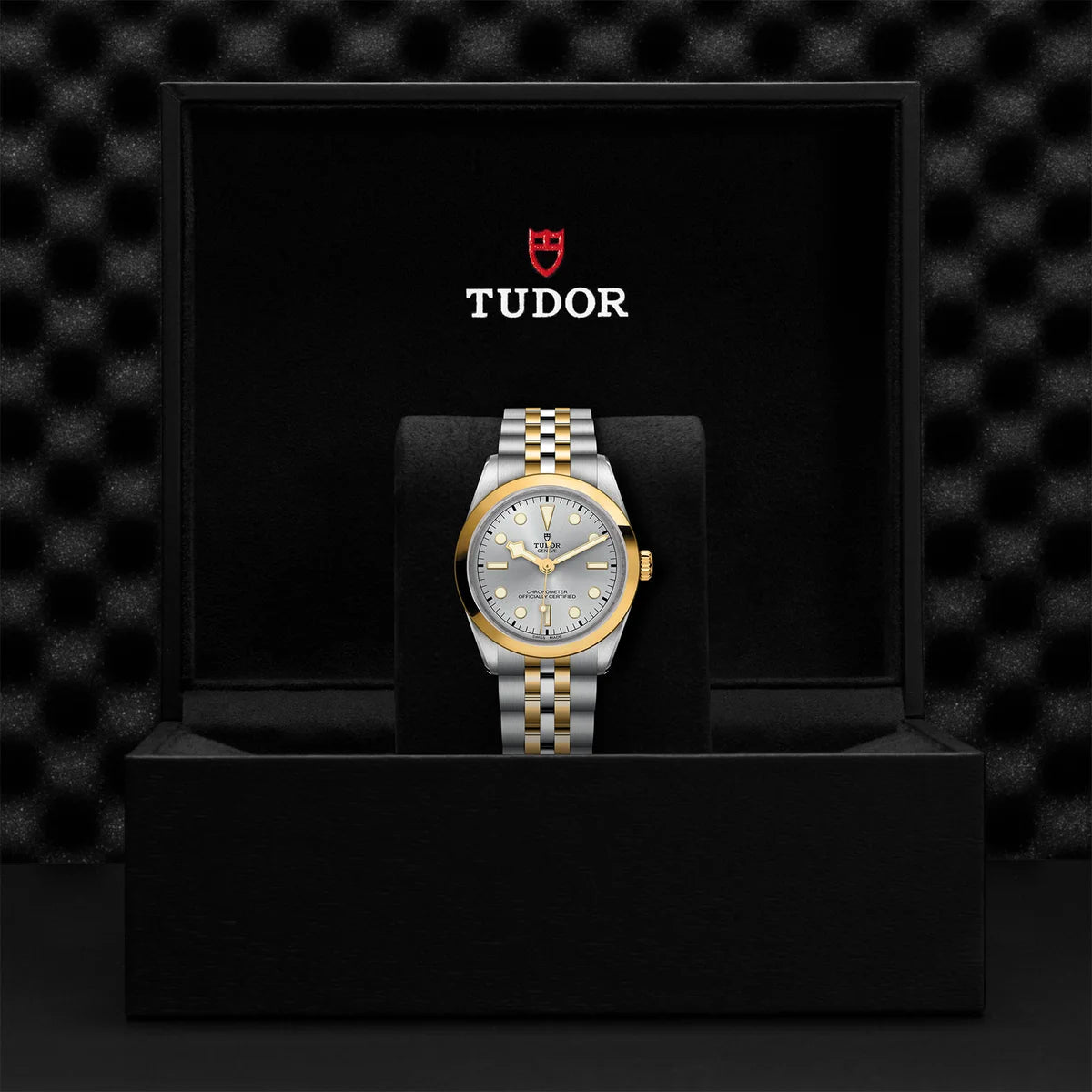 TUDOR black bay one s&g 36mm silver dial watch on 5-link bracelet, presented inside the official Tudor presentation box.