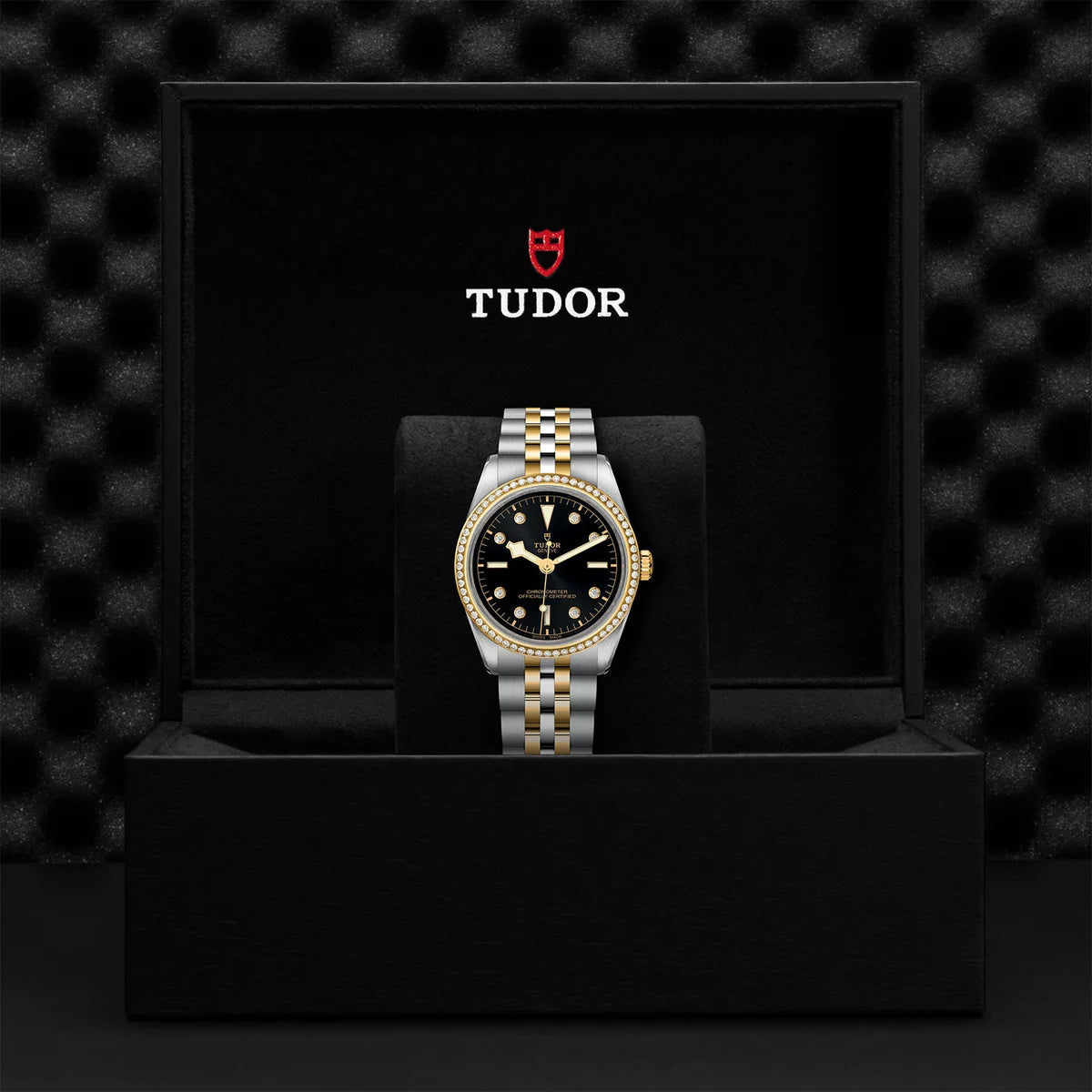 TUDOR black bay one s&g 36mm black dial watch diamond bezel on 5-link bracelet, presented inside the official Tudor presentation box.
