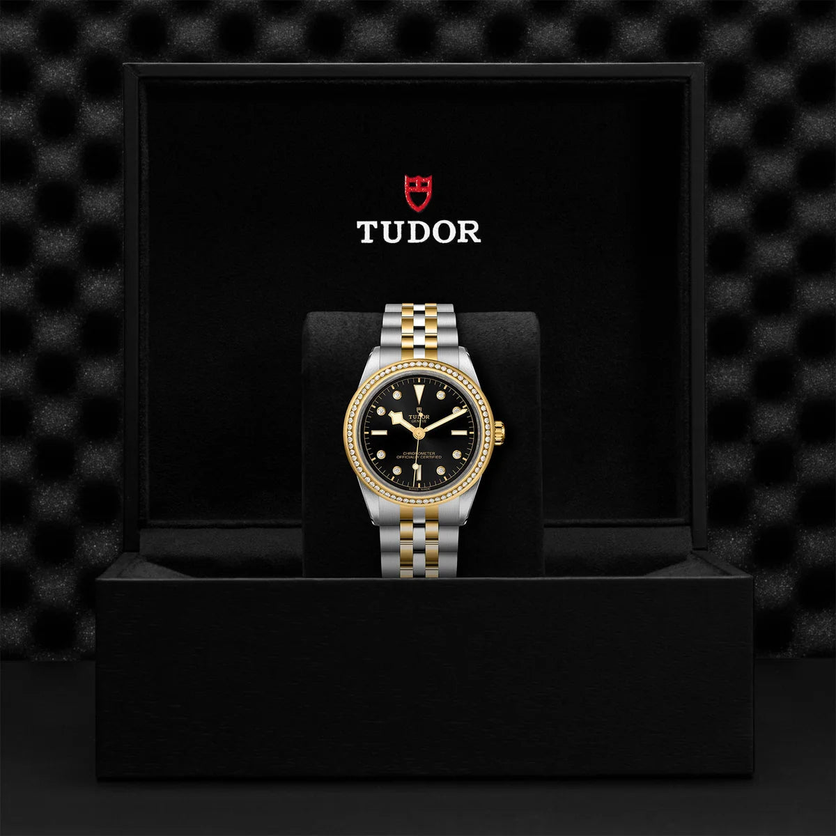 TUDOR black bay one s&g 39mm black dial watch diamond bezel on 5-link bracelet, presented inside the official Tudor presentation box.