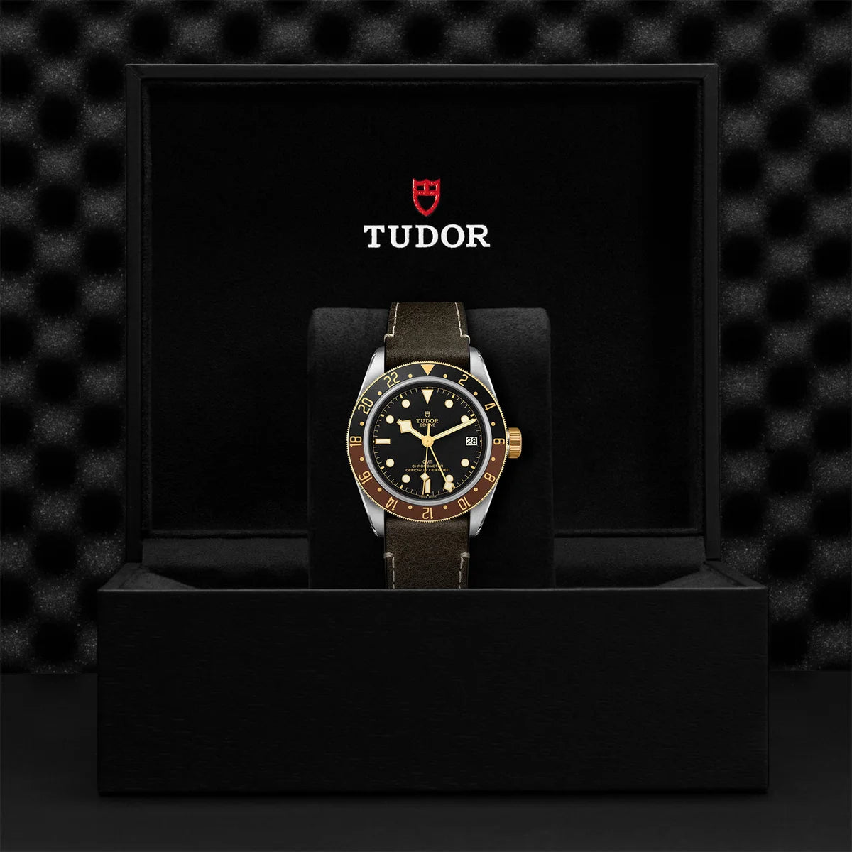 TUDOR black bay gmt s&g 41mm black dial watch on leather strap, presented inside the official Tudor presentation box.