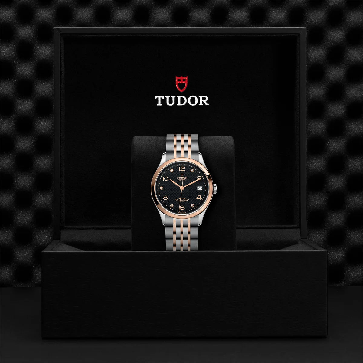 TUDOR 1926 two-tone 36mm black diamond dial watch on bracelet, presented inside the official Tudor presentation box.