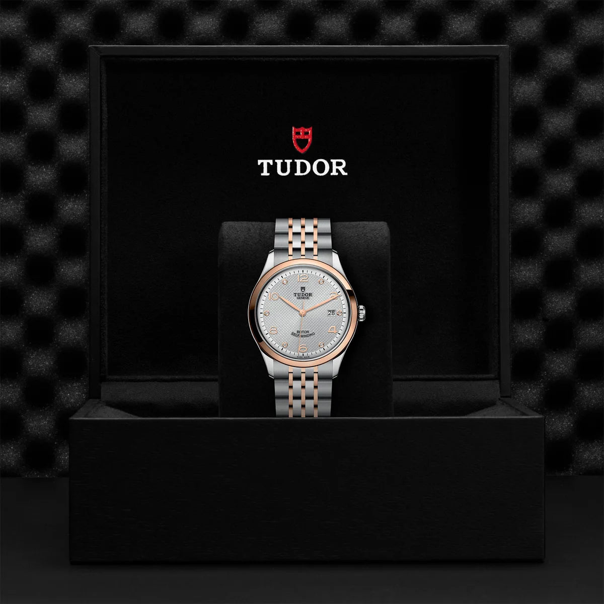 TUDOR 1926 two-tone 39mm silver diamond dial watch on bracelet, presented inside the official Tudor presentation box.