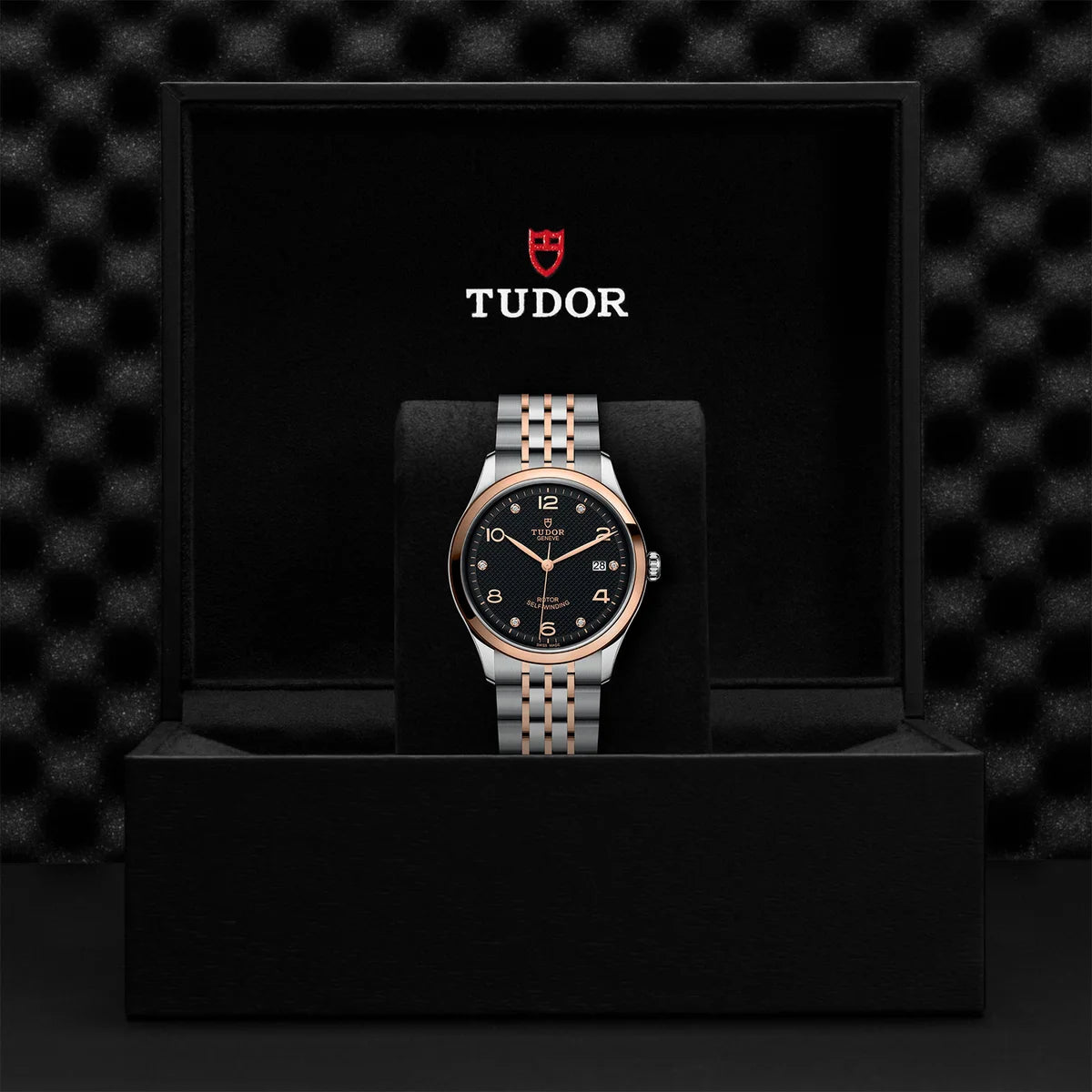 TUDOR 1926 two-tone 39mm black diamond dial watch on bracelet, presented inside the official Tudor presentation box.