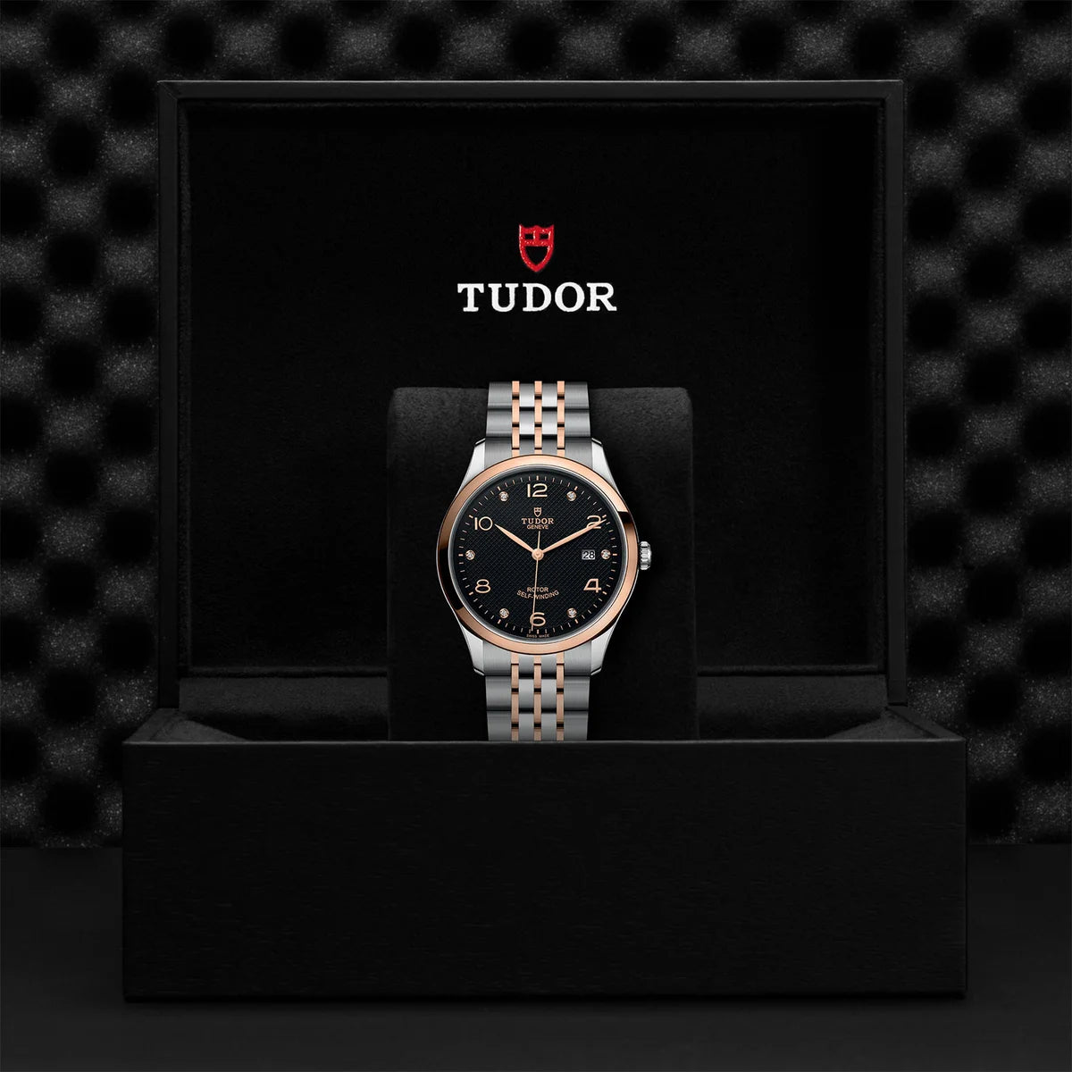 TUDOR 1926 two-tone 41mm black diamond dial watch on bracelet, presented inside the official Tudor presentation box.