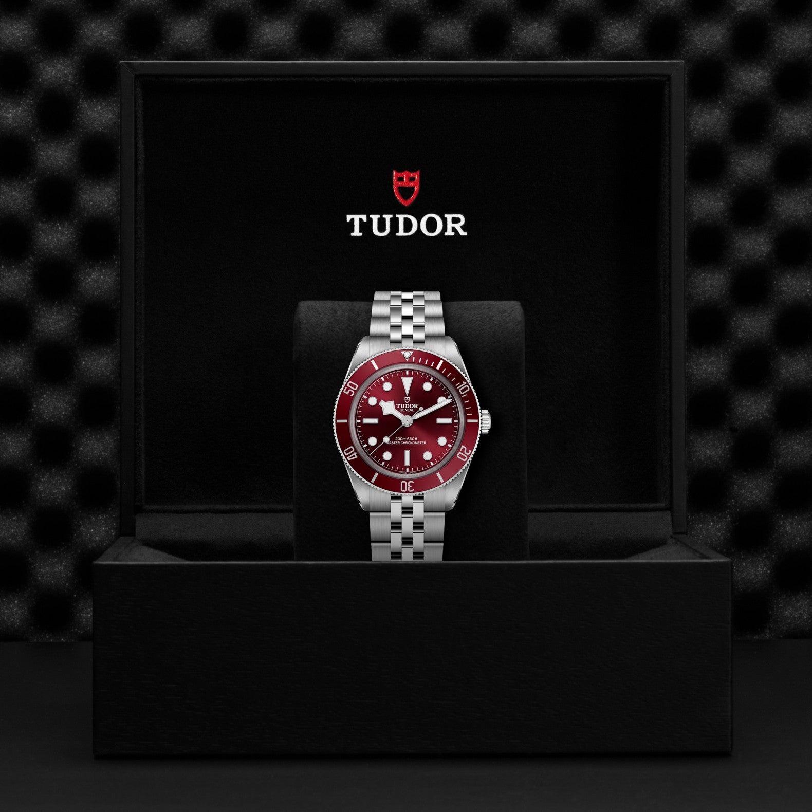 TUDOR black bay 58 39mm burgundy dial watch on 5-link bracelet, presented inside the official Tudor presentation box.