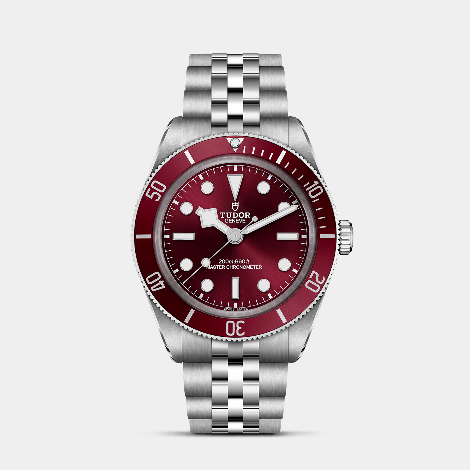 Tudor Black Bay 58 "Burgundy" bezel dive watch on a gray background.