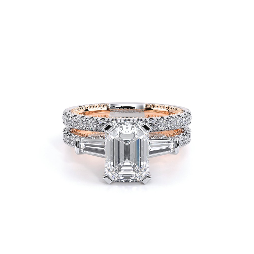 Emerald Three-Stone 14k Rose and White Gold Engagement Ring - REN-991