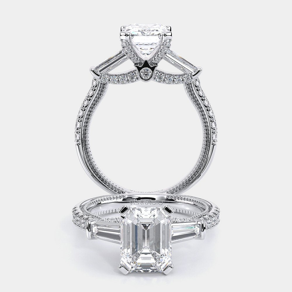 Emerald Three-Stone 14k White Gold Engagement Ring - REN-991