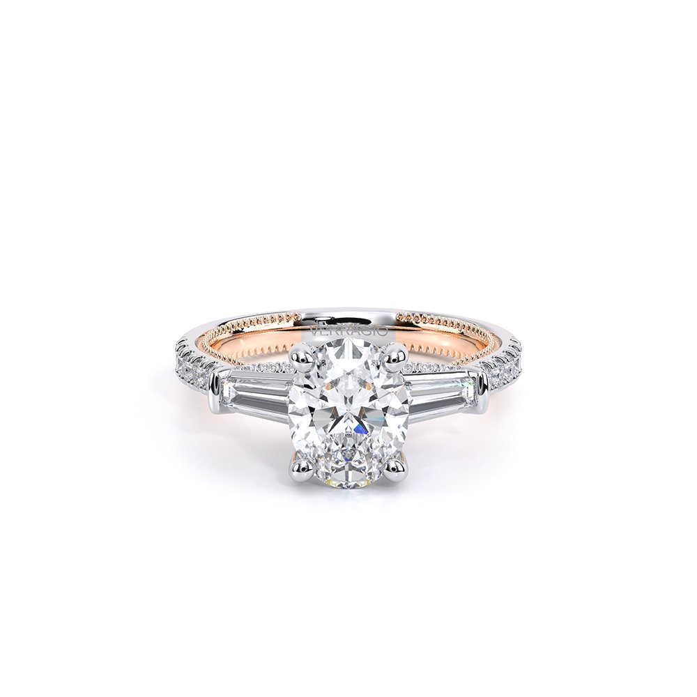 Oval Three-Stone 18k Rose and White Gold Engagement Ring - REN-991
