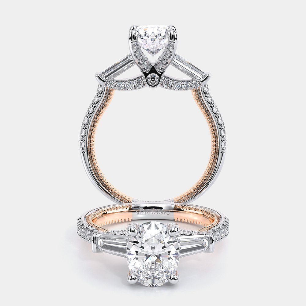 Oval Three-Stone 18k Rose and White Gold Engagement Ring - REN-991