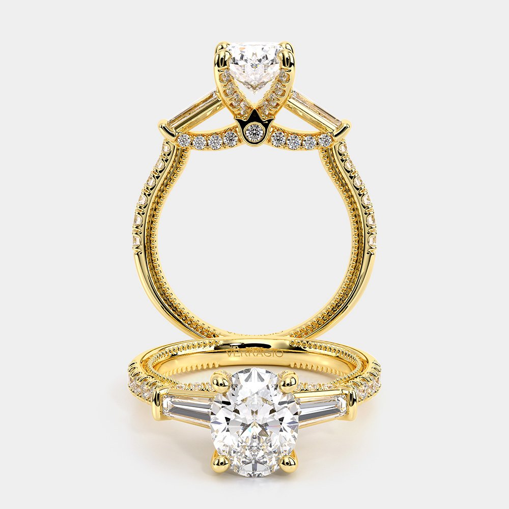 Oval Three-Stone 14k Yellow Gold Engagement Ring - REN-991