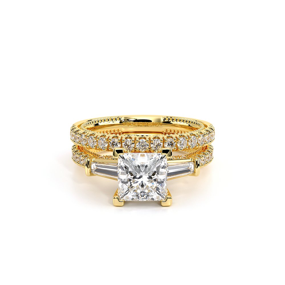 Princess Three-Stone 18k Yellow Gold Engagement Ring - REN-991