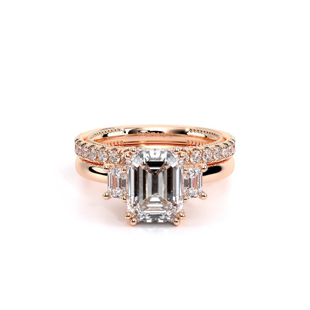Emerald Three-Stone 14K Rose Gold Engagement Ring - REN-993