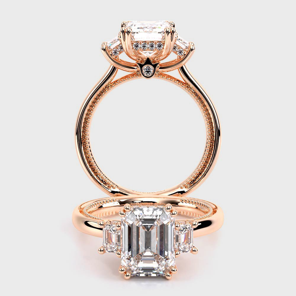 Emerald Three-Stone 18k Rose Gold Engagement Ring - REN-993
