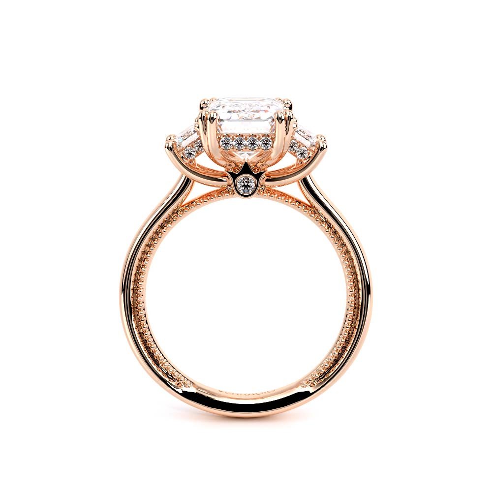 Emerald Three-Stone 18k Rose Gold Engagement Ring - REN-993
