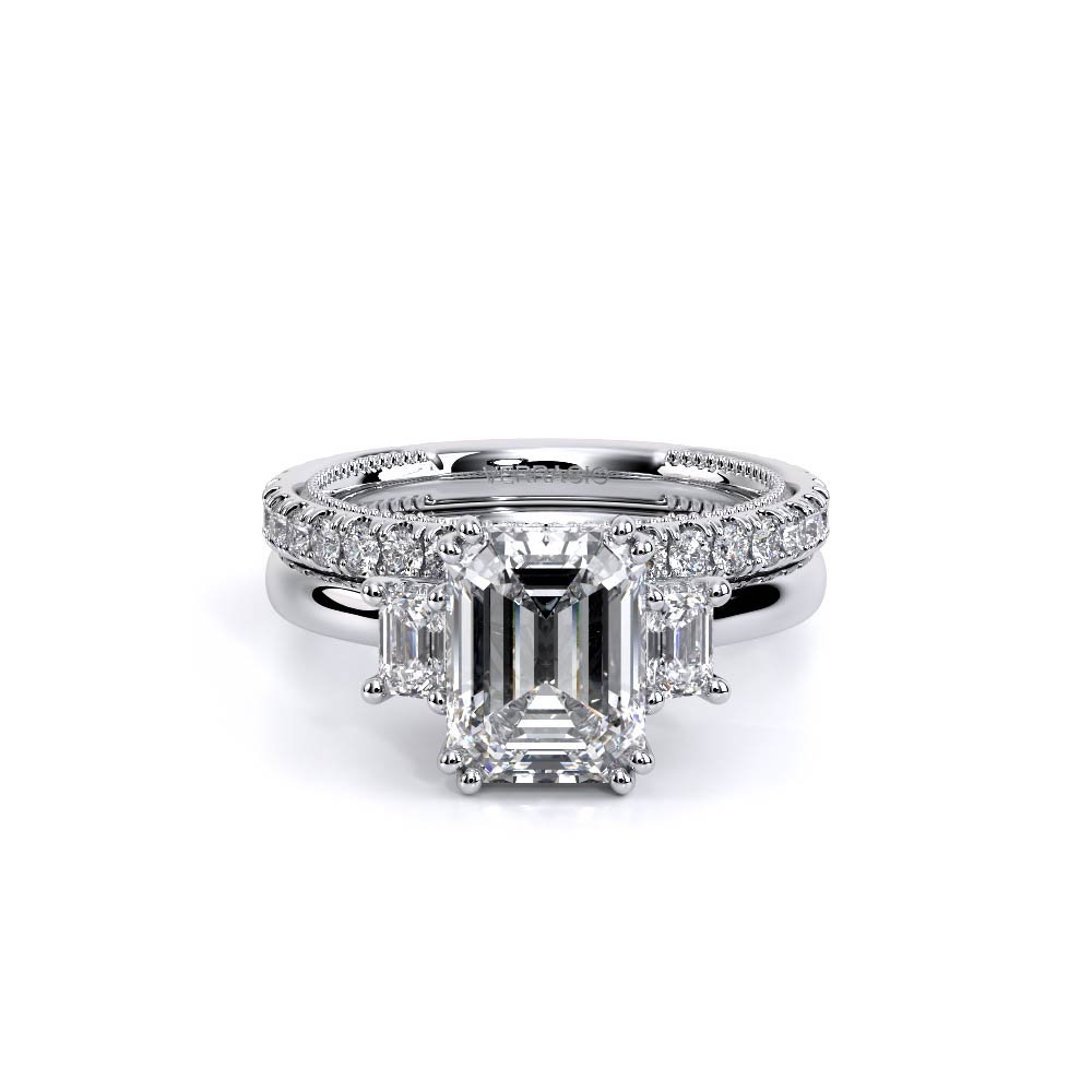 Emerald Three-Stone 14K White Gold Engagement Ring - REN-993