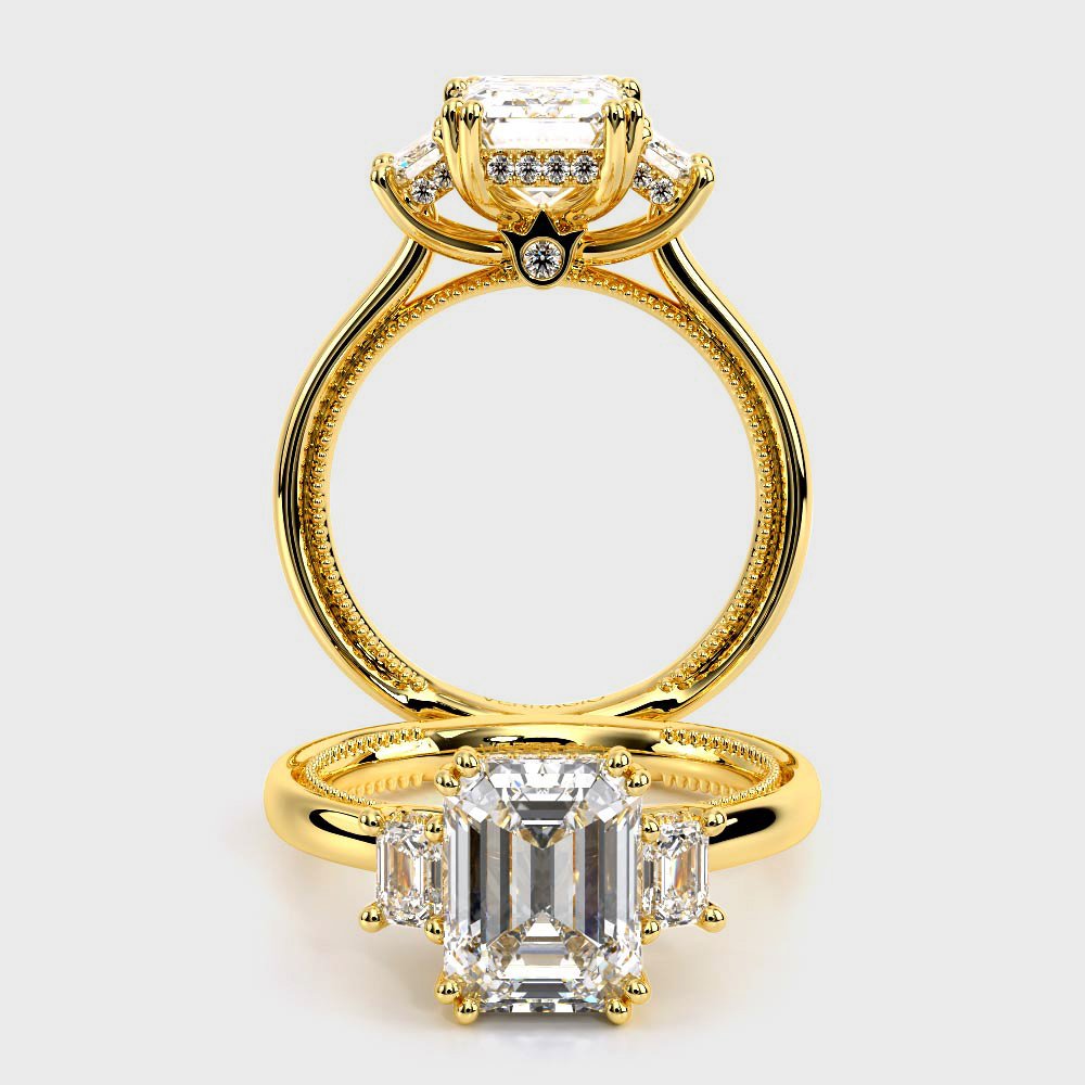 Emerald Three-Stone 18k Yellow Gold Engagement Ring - REN-993