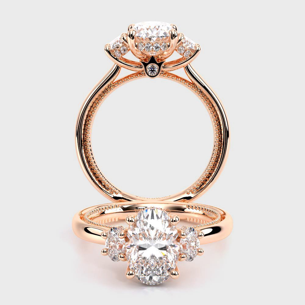Oval Three-Stone 14K Rose Gold Engagement Ring - REN-993