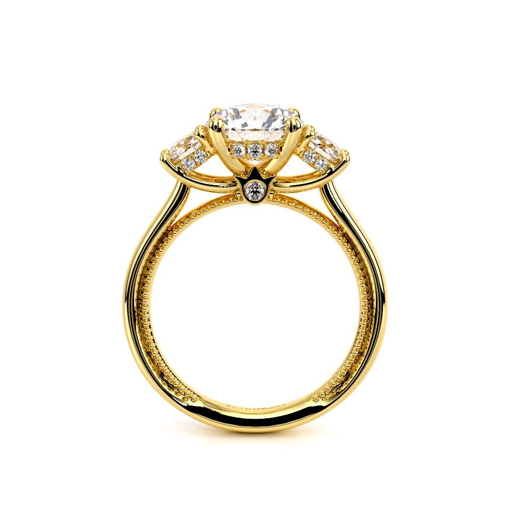Round Three-Stone 18k Yellow Gold Engagement Ring - REN-993