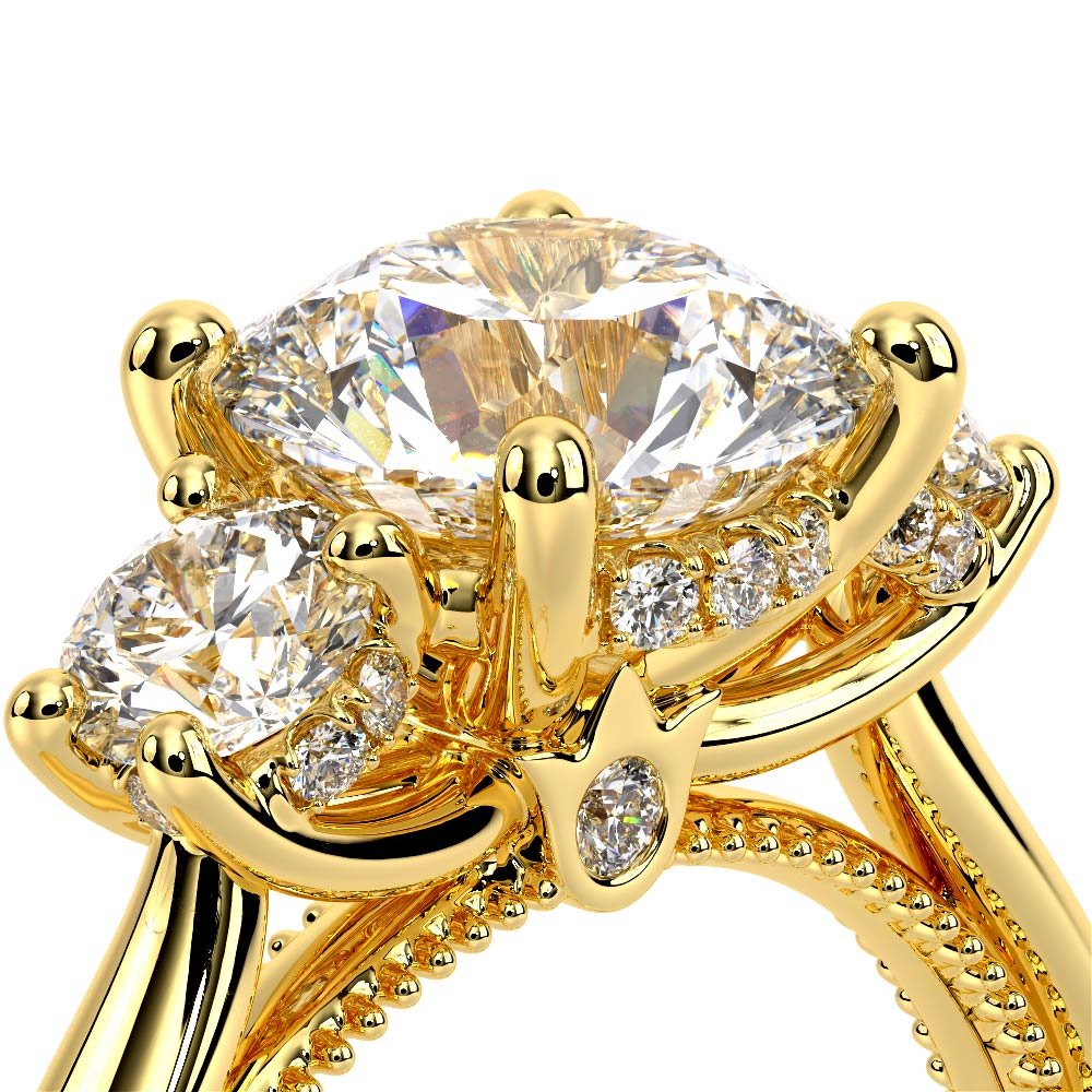 Round Three-Stone 18k Yellow Gold Engagement Ring - REN-993