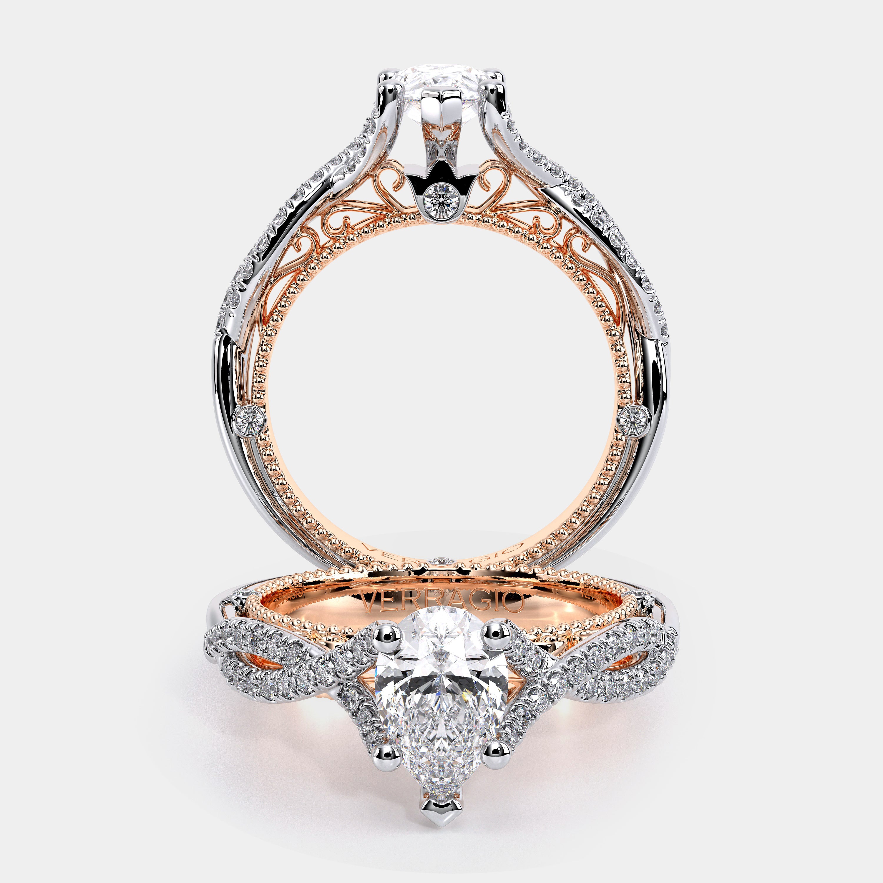Pear Pavé 18k Rose and White Gold Engagement Ring - VEN-5003